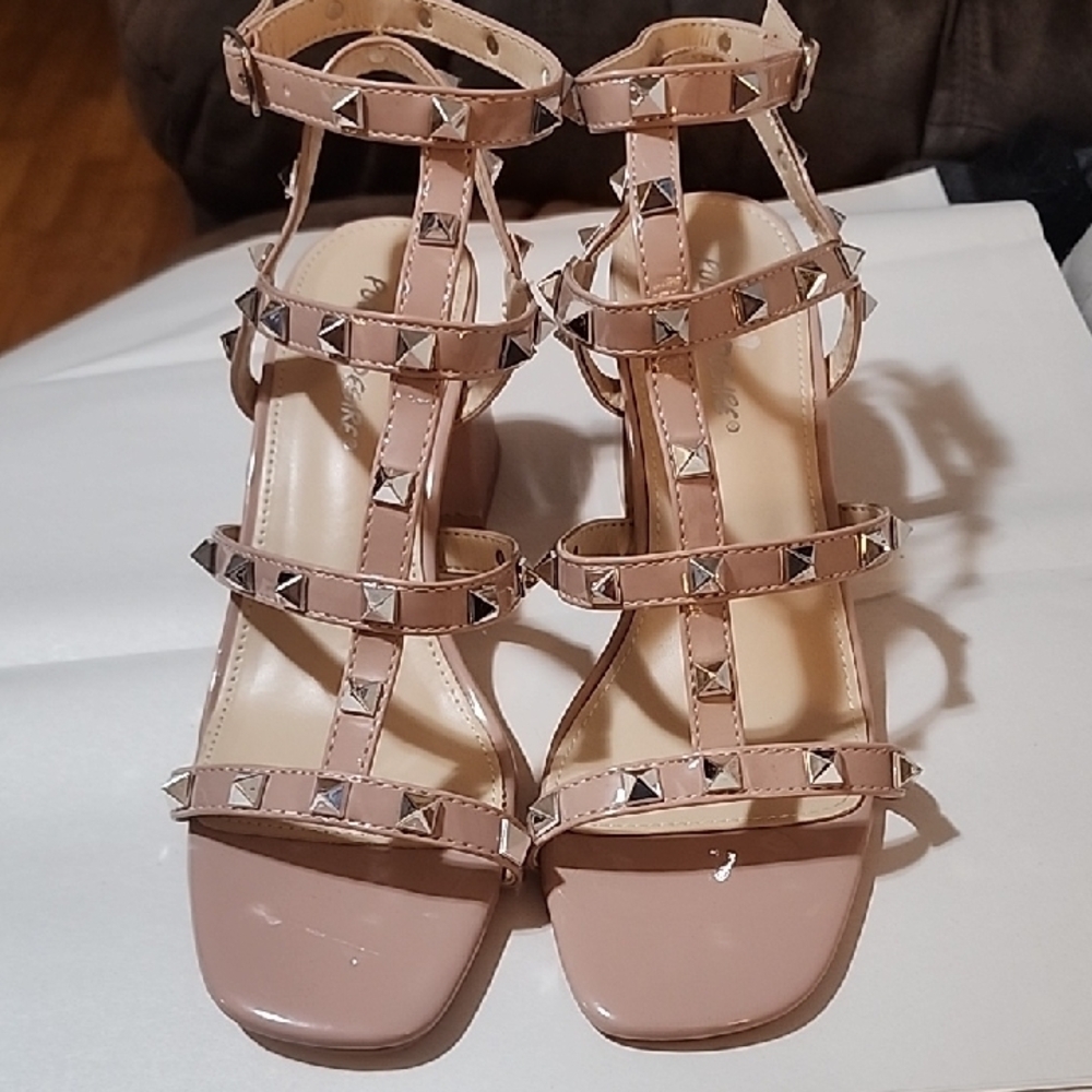 Public Desire Nude Strappy Studded Block Heels Size 5